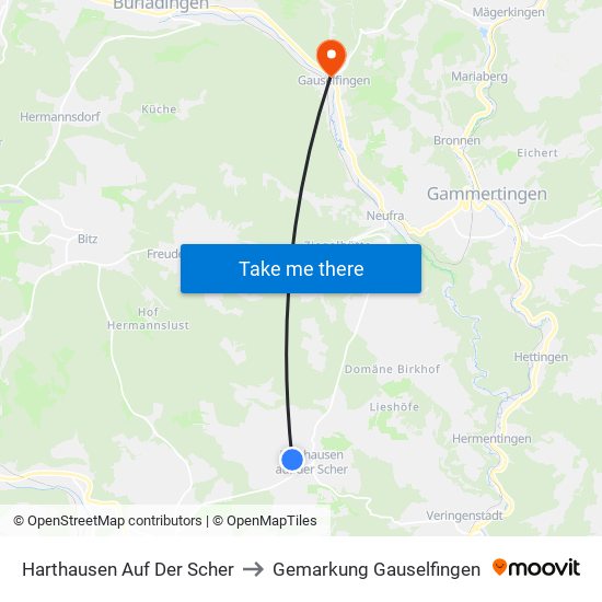 Harthausen Auf Der Scher to Gemarkung Gauselfingen map