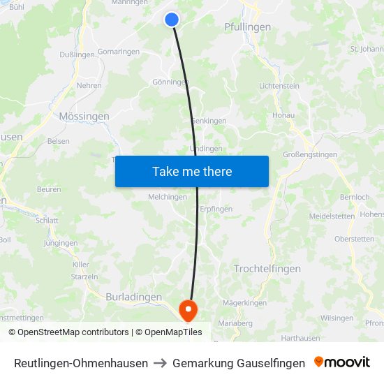 Reutlingen-Ohmenhausen to Gemarkung Gauselfingen map