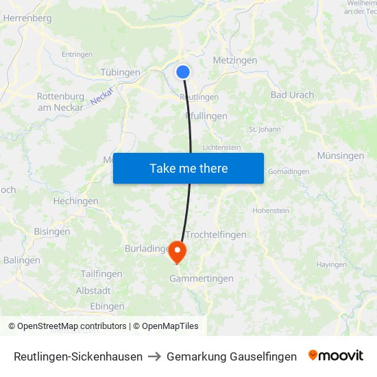 Reutlingen-Sickenhausen to Gemarkung Gauselfingen map