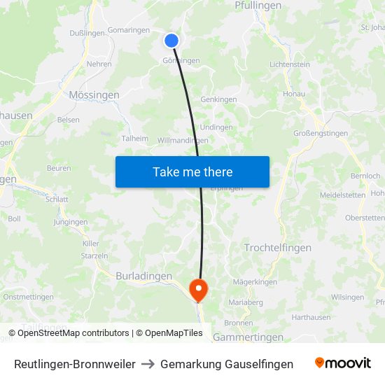 Reutlingen-Bronnweiler to Gemarkung Gauselfingen map