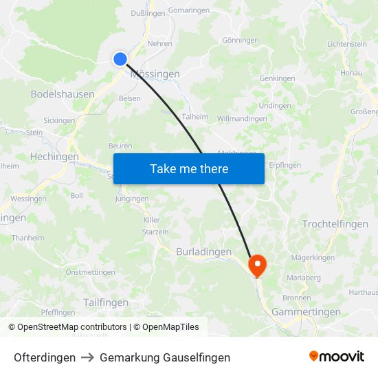 Ofterdingen to Gemarkung Gauselfingen map