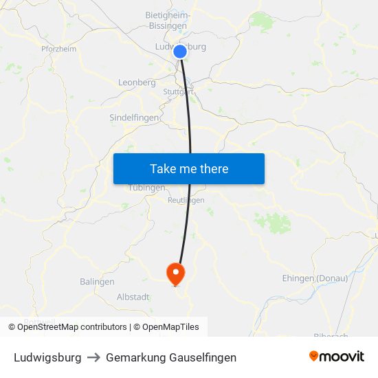 Ludwigsburg to Gemarkung Gauselfingen map