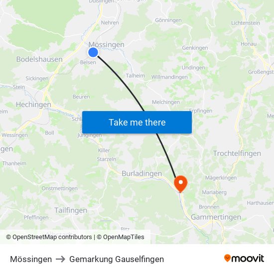 Mössingen to Gemarkung Gauselfingen map