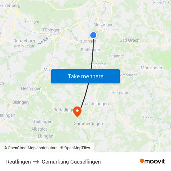 Reutlingen to Gemarkung Gauselfingen map