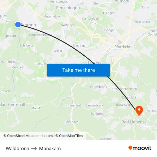 Waldbronn to Monakam map