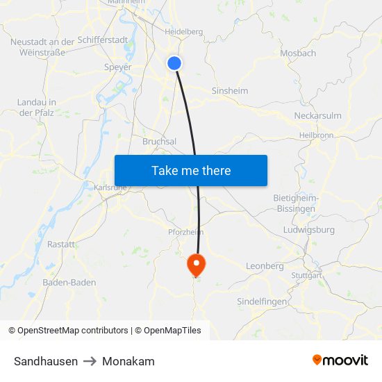 Sandhausen to Monakam map