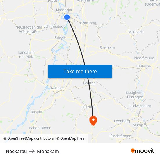 Neckarau to Monakam map