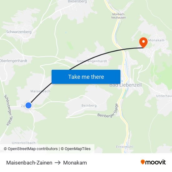 Maisenbach-Zainen to Monakam map