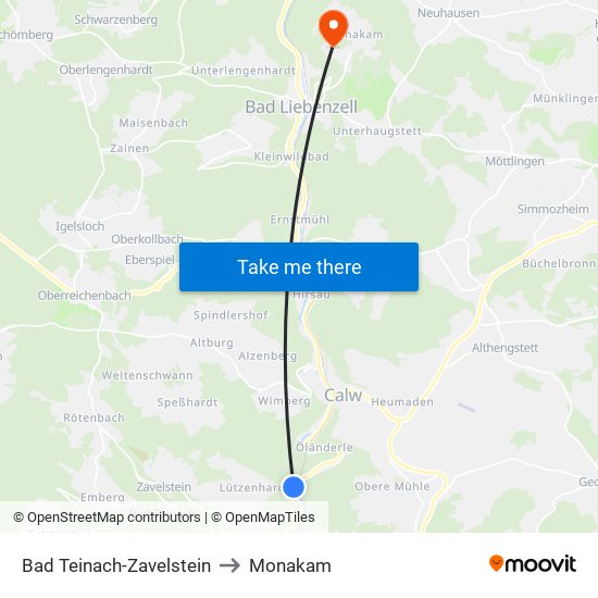 Bad Teinach-Zavelstein to Monakam map