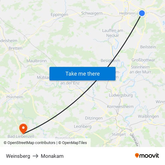 Weinsberg to Monakam map