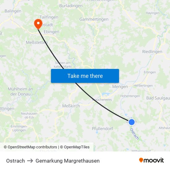 Ostrach to Gemarkung Margrethausen map