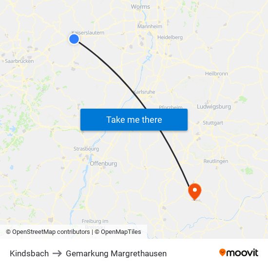 Kindsbach to Gemarkung Margrethausen map