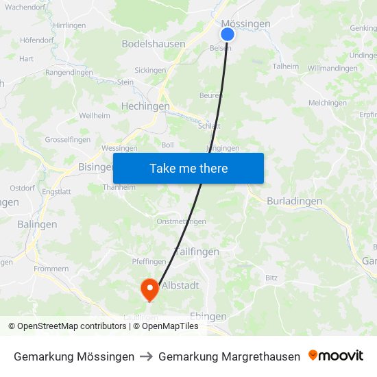 Gemarkung Mössingen to Gemarkung Margrethausen map