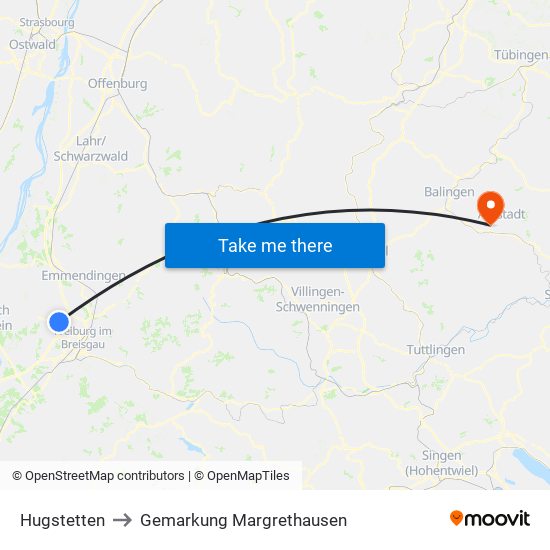 Hugstetten to Gemarkung Margrethausen map