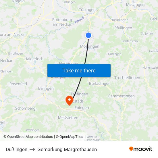 Dußlingen to Gemarkung Margrethausen map