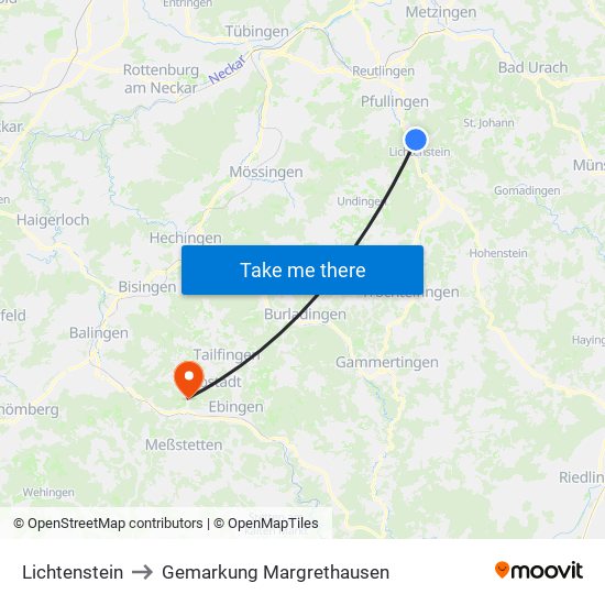 Lichtenstein to Gemarkung Margrethausen map