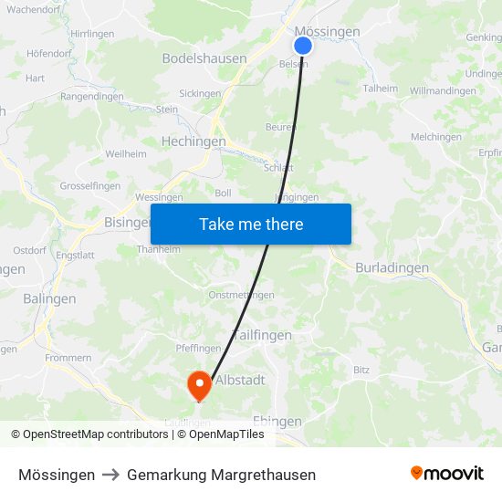 Mössingen to Gemarkung Margrethausen map