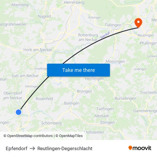 Epfendorf to Reutlingen-Degerschlacht map