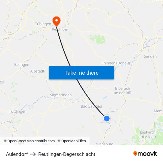 Aulendorf to Reutlingen-Degerschlacht map