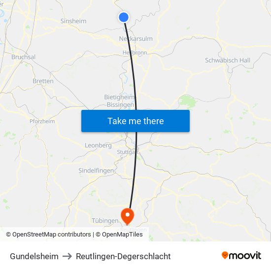 Gundelsheim to Reutlingen-Degerschlacht map