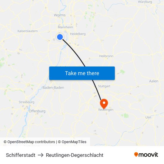 Schifferstadt to Reutlingen-Degerschlacht map