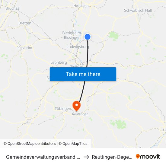 Gemeindeverwaltungsverband Steinheim-Murr to Reutlingen-Degerschlacht map