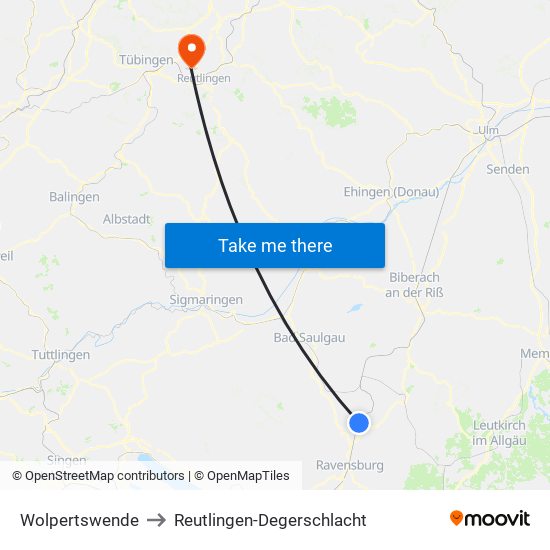 Wolpertswende to Reutlingen-Degerschlacht map