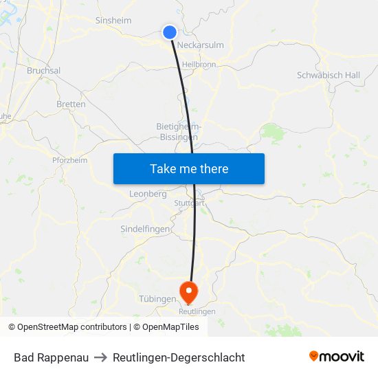 Bad Rappenau to Reutlingen-Degerschlacht map