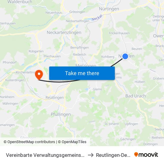 Vereinbarte Verwaltungsgemeinschaft Der Stadt Neuffen to Reutlingen-Degerschlacht map