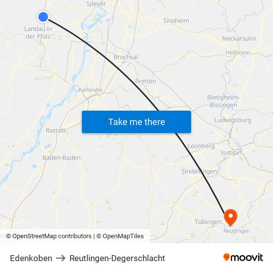 Edenkoben to Reutlingen-Degerschlacht map