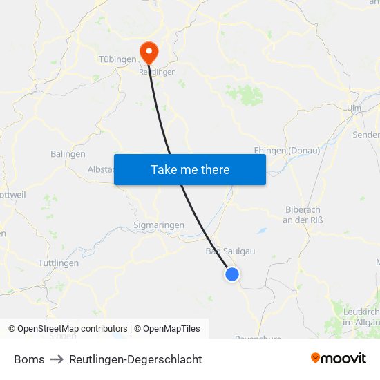 Boms to Reutlingen-Degerschlacht map