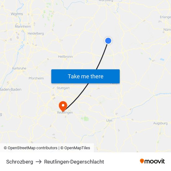 Schrozberg to Reutlingen-Degerschlacht map