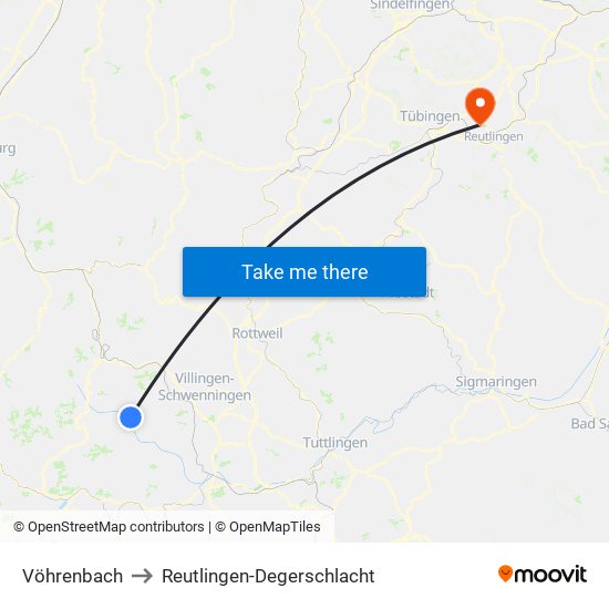 Vöhrenbach to Reutlingen-Degerschlacht map