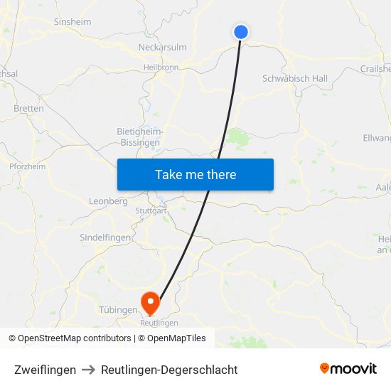 Zweiflingen to Reutlingen-Degerschlacht map