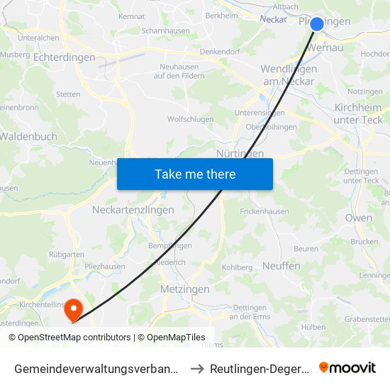 Gemeindeverwaltungsverband Plochingen to Reutlingen-Degerschlacht map