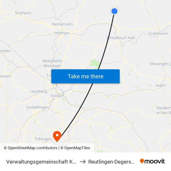 Verwaltungsgemeinschaft Künzelsau to Reutlingen-Degerschlacht map