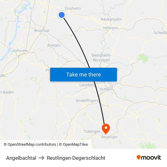 Angelbachtal to Reutlingen-Degerschlacht map