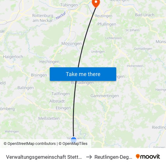 Verwaltungsgemeinschaft Stetten am Kalten Markt to Reutlingen-Degerschlacht map