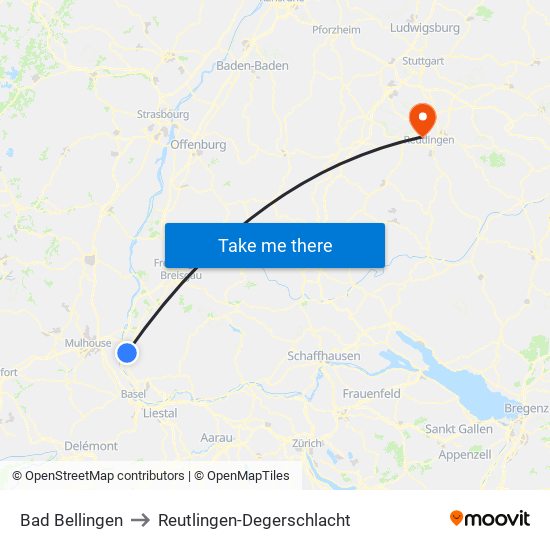 Bad Bellingen to Reutlingen-Degerschlacht map