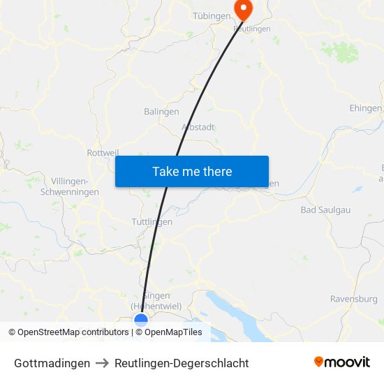 Gottmadingen to Reutlingen-Degerschlacht map