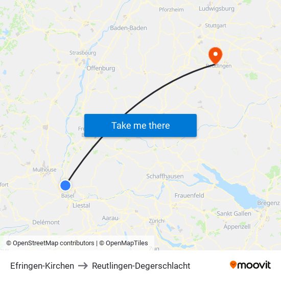 Efringen-Kirchen to Reutlingen-Degerschlacht map