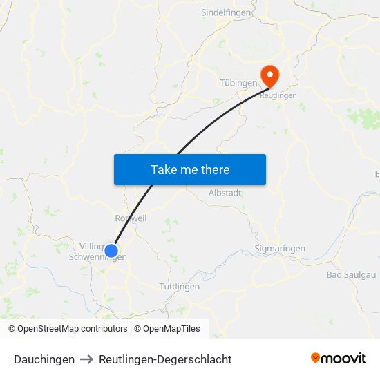 Dauchingen to Reutlingen-Degerschlacht map