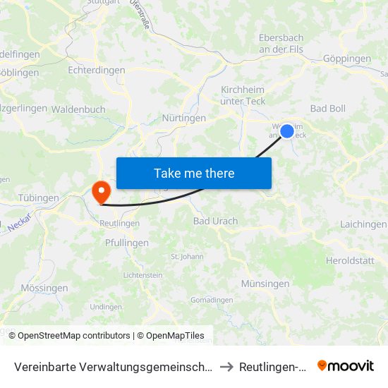 Vereinbarte Verwaltungsgemeinschaft Der Stadt Weilheim An Der Teck to Reutlingen-Degerschlacht map