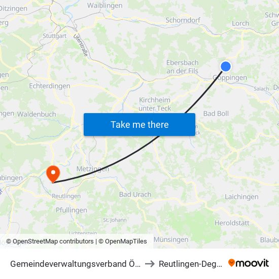 Gemeindeverwaltungsverband Östlicher Schurwald to Reutlingen-Degerschlacht map