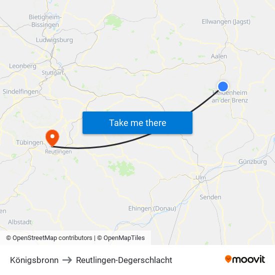 Königsbronn to Reutlingen-Degerschlacht map