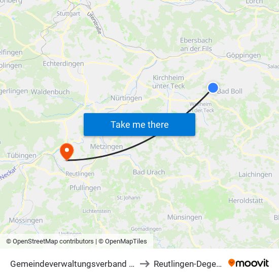 Gemeindeverwaltungsverband Raum Bad Boll to Reutlingen-Degerschlacht map