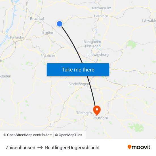 Zaisenhausen to Reutlingen-Degerschlacht map