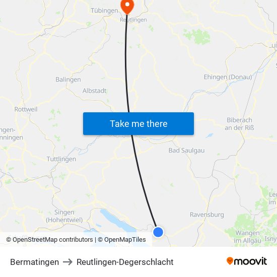 Bermatingen to Reutlingen-Degerschlacht map