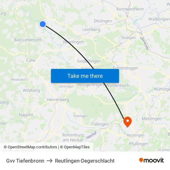 Gvv Tiefenbronn to Reutlingen-Degerschlacht map