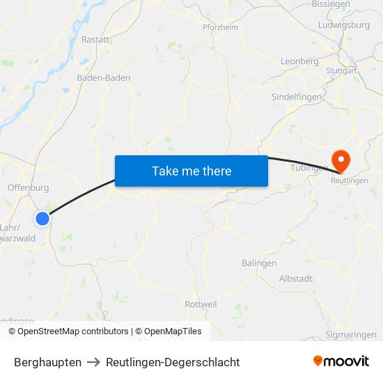 Berghaupten to Reutlingen-Degerschlacht map